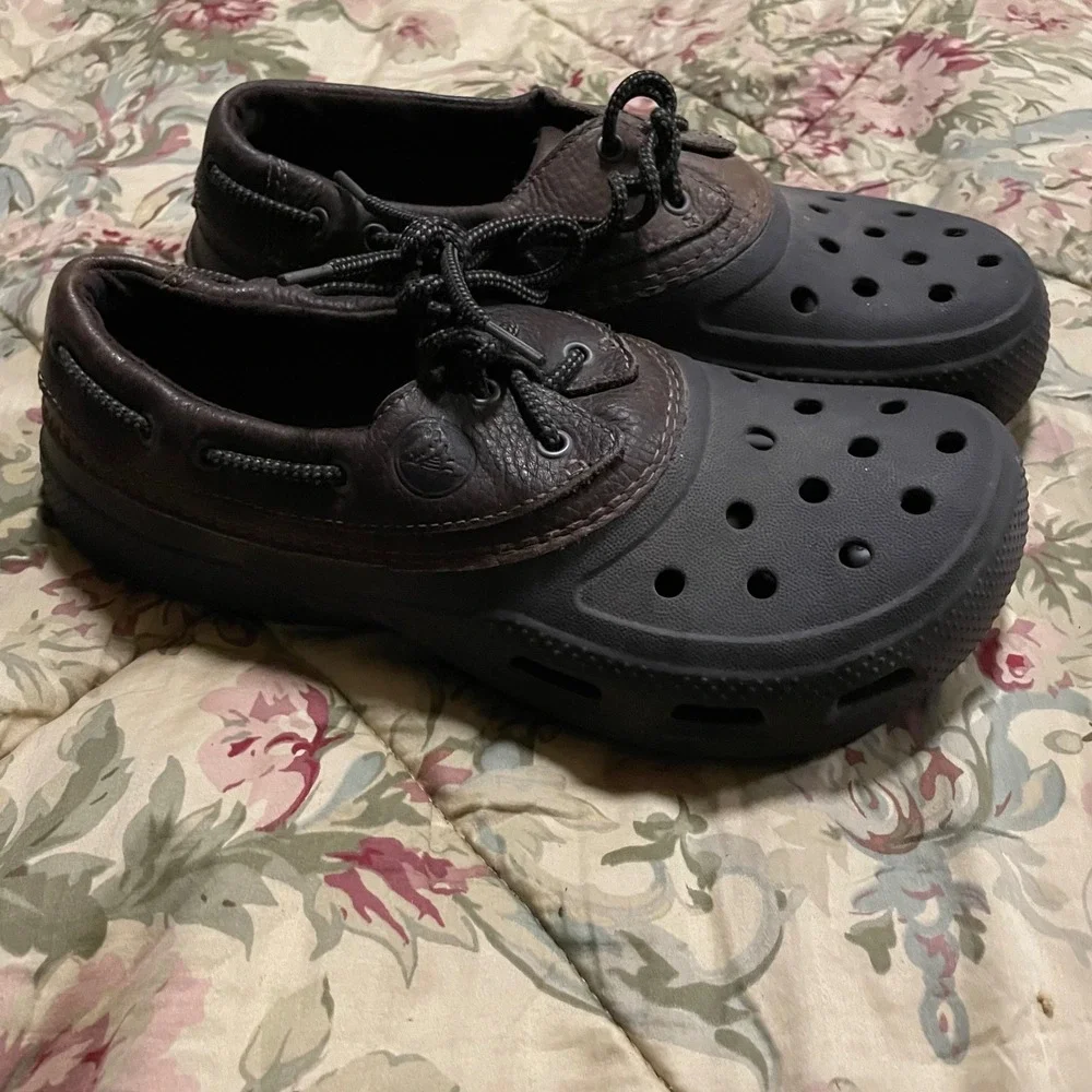 Crocs Mens Boat Shoe Clog Hybrid Dark Brown Leather Lace Up‎ Size 10